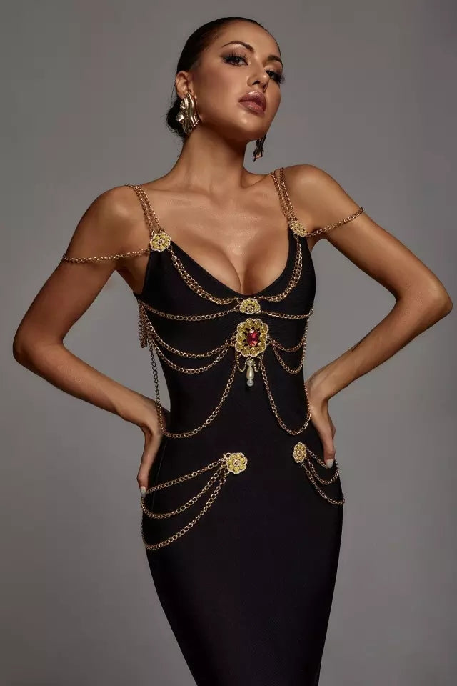 CHAIN ​​EMBELLISHED MAXI BANDAGE DRESS