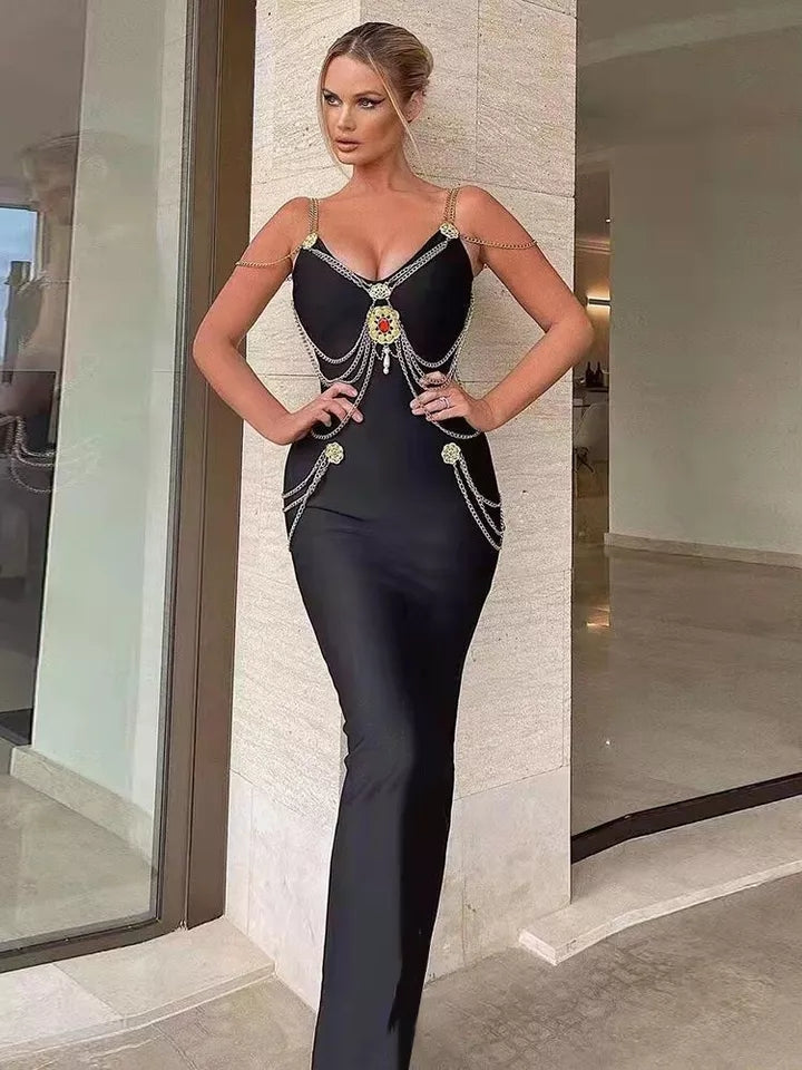 CHAIN ​​EMBELLISHED MAXI BANDAGE DRESS