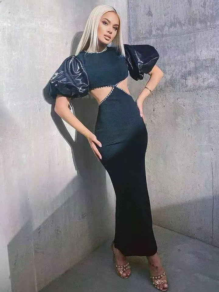 BANDAGE DRESS WITH CUTOUTS AND BALLOON SLEEVES
