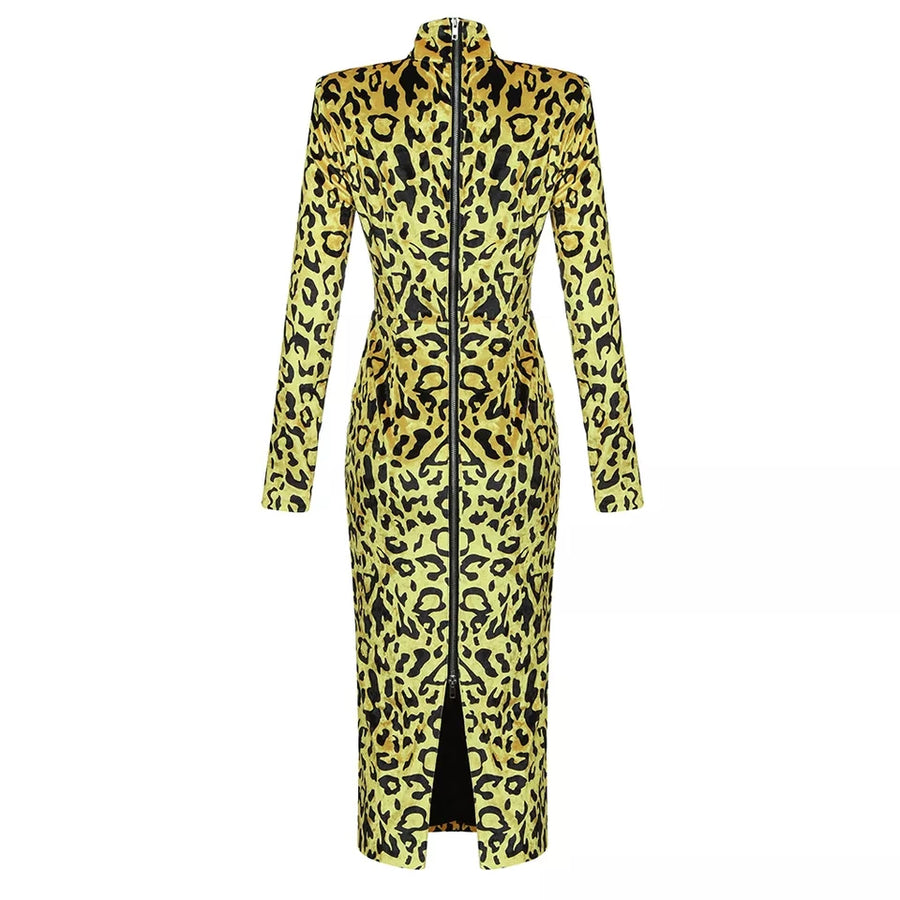 YELLOW VELVET LEOPARD DRESS