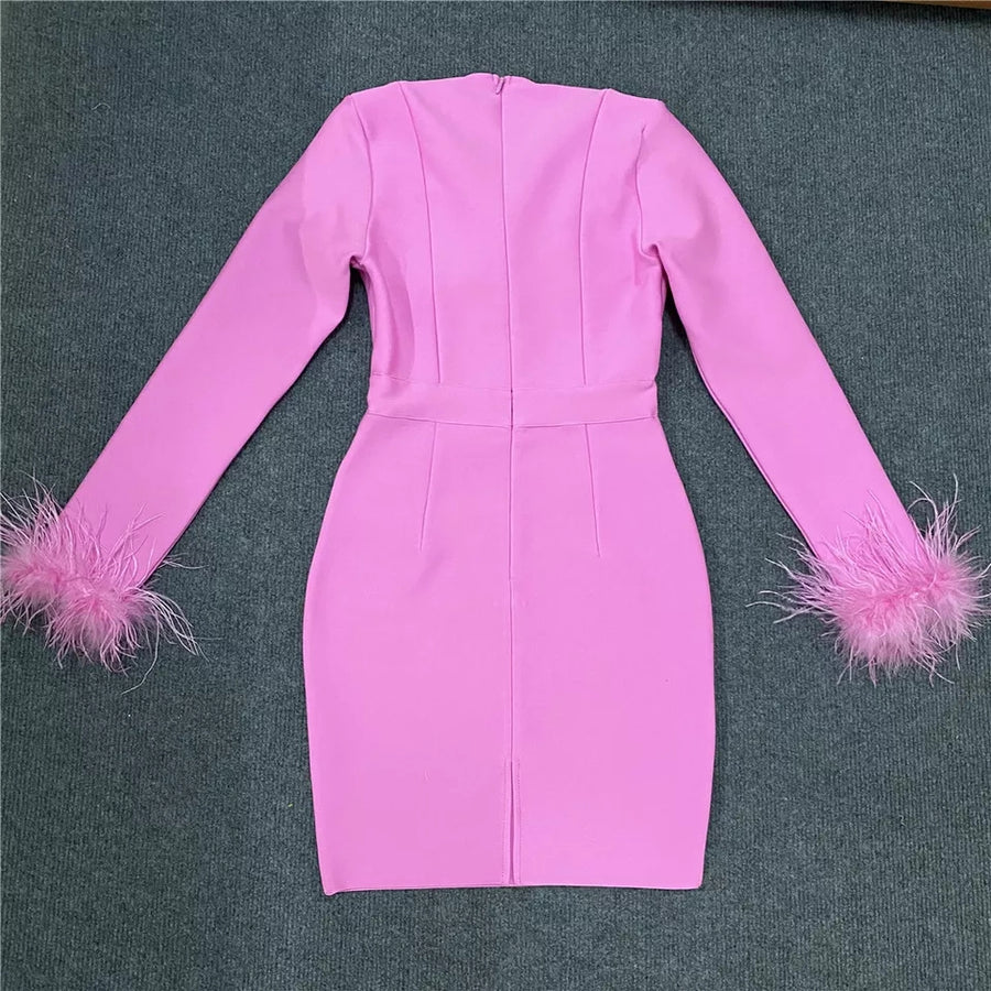 BANDAGE DRESS WITH FEATHERED SLEEVES