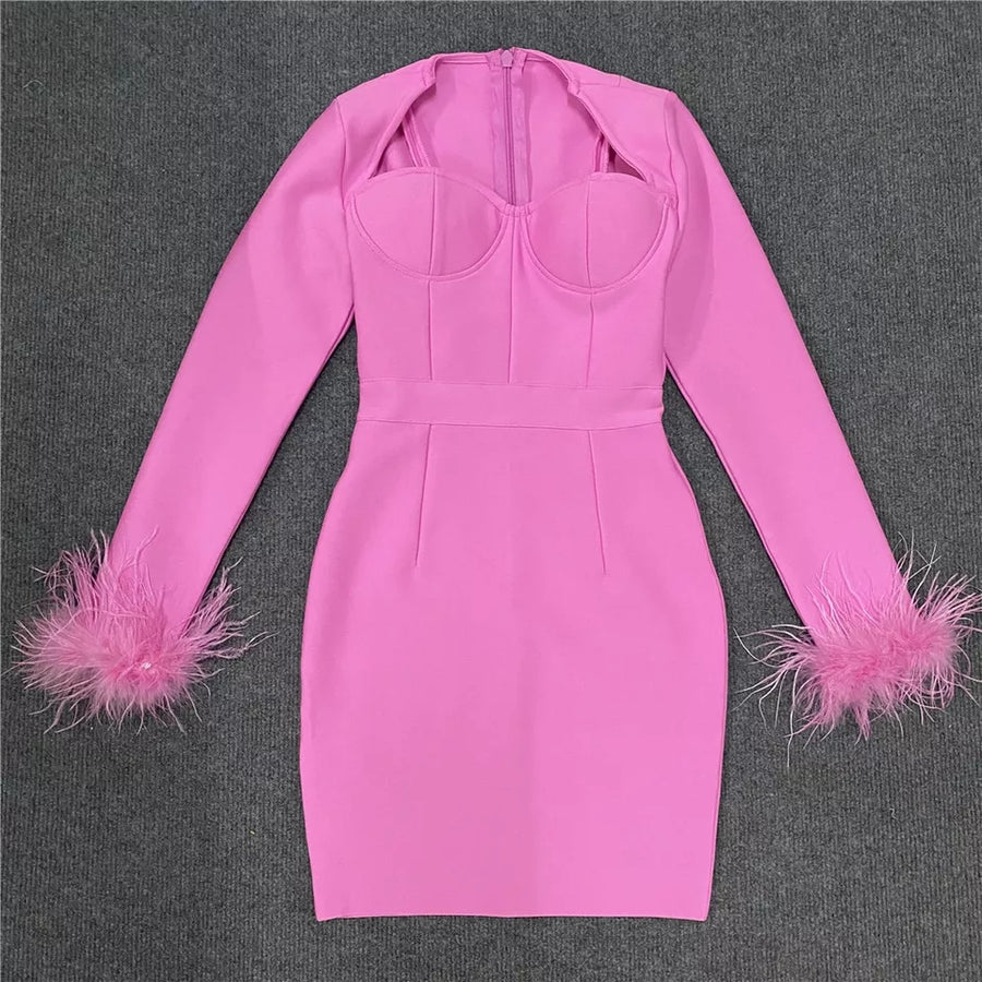 BANDAGE DRESS WITH FEATHERED SLEEVES