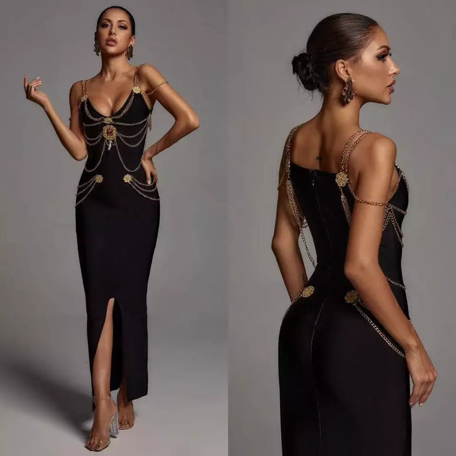 CHAIN ​​EMBELLISHED MAXI BANDAGE DRESS