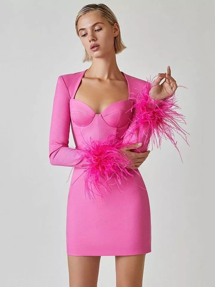 BANDAGE DRESS WITH FEATHERED SLEEVES