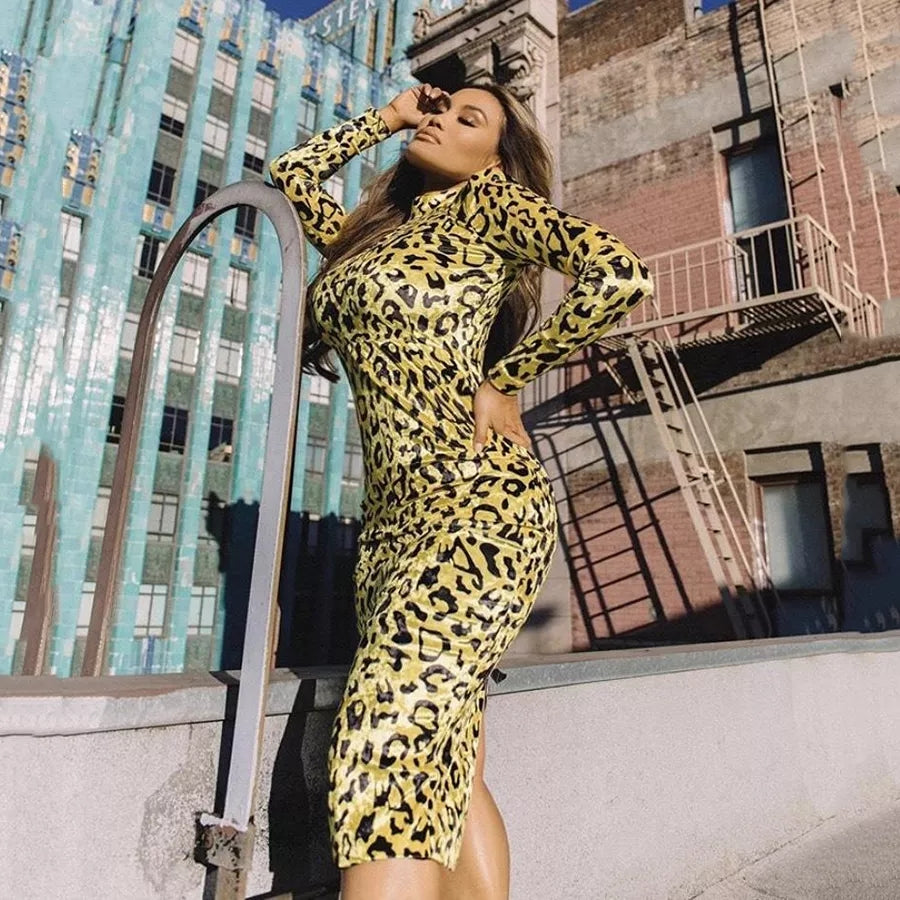 YELLOW VELVET LEOPARD DRESS