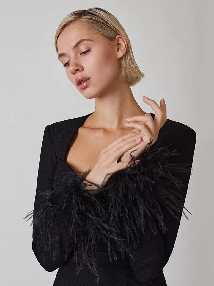 BANDAGE DRESS WITH FEATHERED SLEEVES