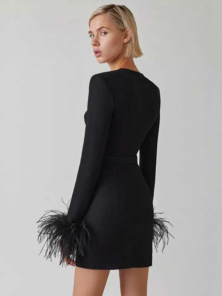 BANDAGE DRESS WITH FEATHERED SLEEVES