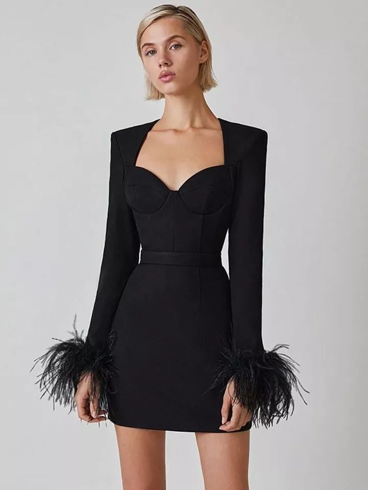 BANDAGE DRESS WITH FEATHERED SLEEVES