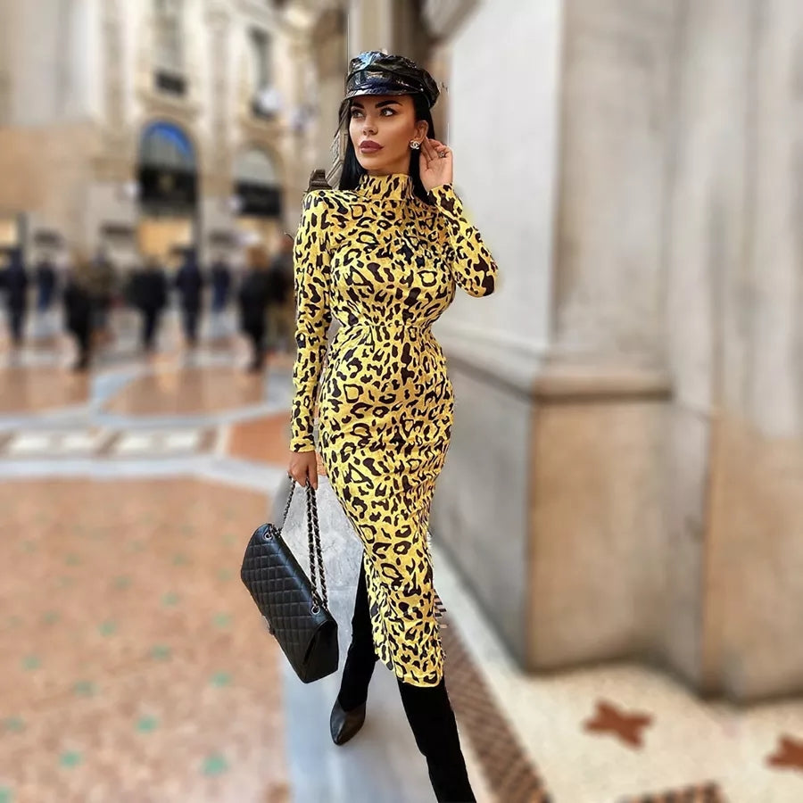 YELLOW VELVET LEOPARD DRESS