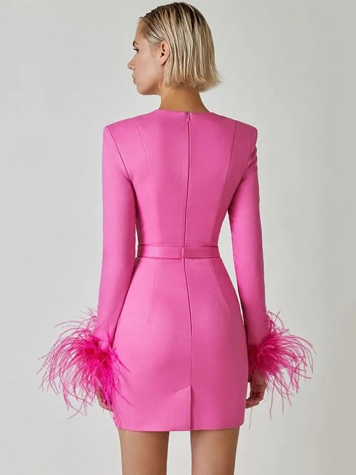 BANDAGE DRESS WITH FEATHERED SLEEVES