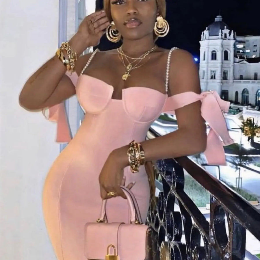 BANDAGE DRESS WITH PEARL STRAPS