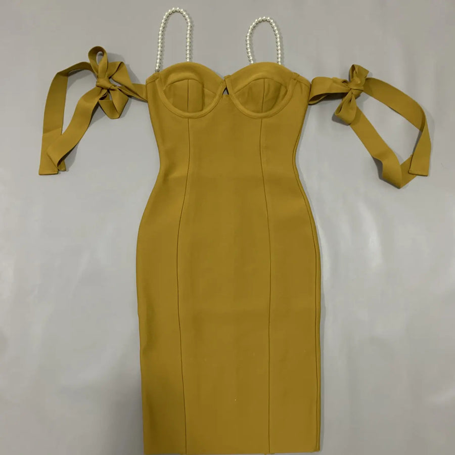 BANDAGE DRESS WITH PEARL STRAPS